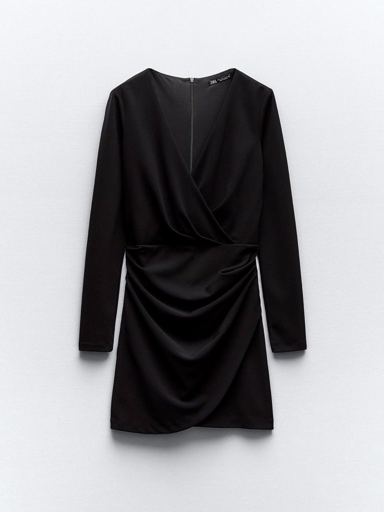 Black Long-Sleeve Draped Wrap Mini Dress